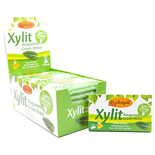 Xylitol Goma de mascar menta verde, chicles dentales, 100% sin azúcar, caja de 24 blisters (12 piezas por blister), sin aspartamo, vegetariana, amigable con los dientes
