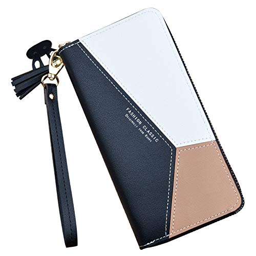 Yixuan Carteras de Mujer Monederos de Gran Capacidad de Cuero Bolsos de Mujer con Cremallera de Bolsillo Monedero de Mujer Carteras Larga Teléfono Billetera con Colgante de Borlas (Negro1)