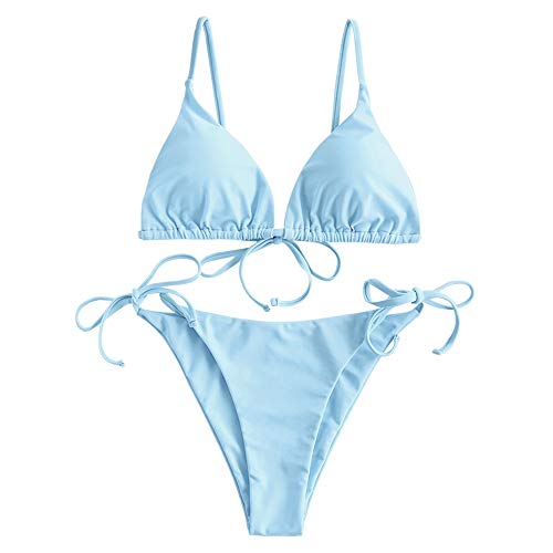 ZAFUL Bikini acolchado para mujer, de un solo color, con triángulo, con tirantes finos. azul claro M