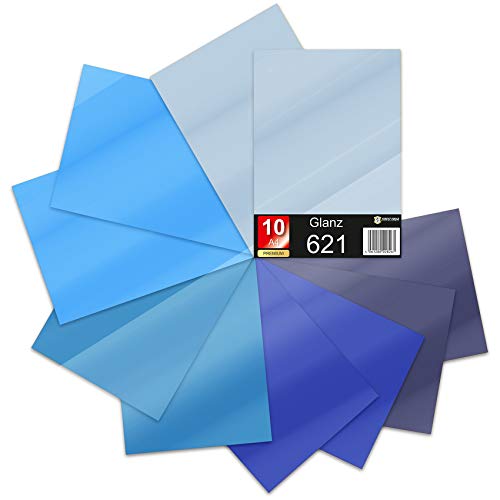 10 hojas DIN A4 621/631 láminas autoadhesivas para plóter en juego de vinilo para plóter DIY, pegatinas de rotulación 29,7 x 21 cm (tonos azules brillantes, juego de 10 unidades)