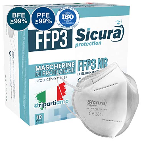 10 Mascarillas Protectoras FFP3 Homologadas con Certificación CE fabricadas en Italia - Alta Eficiencia de protección bacteriana BFE ≥99% | PFE ≥99% Mascarilla selladas individualmente.