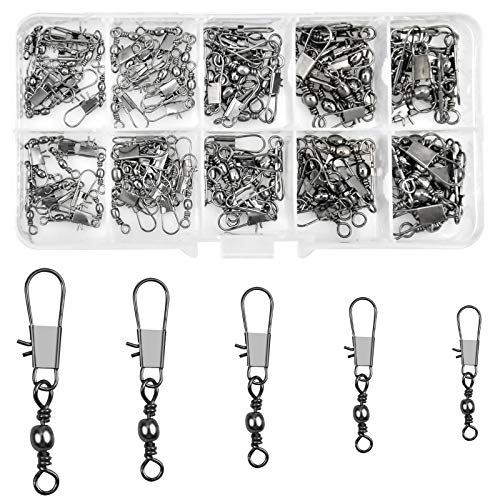 100 Pzs Barril Giratorios de Pesca con Broches de Seguridad Conector Giratorio de Pesca Emerillones Rolling Conector De Cable Pesca Cambio Rápido para Agua Salada Agua Dulce, Tamaño 7# 8# 10# 12# 14#