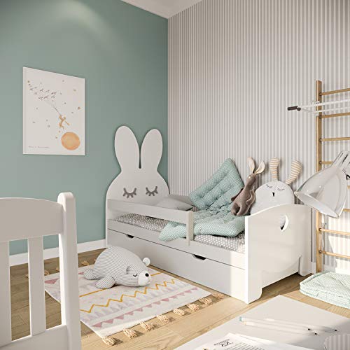 (140x70, gris) NeedSleep® cama niño infantil con colchón | 140x80 160 x80 | montessori 2 años | cama con cajones | cama bebe cabeceros infantiles | barrera cama | cama niña cama niño | conejo liebre