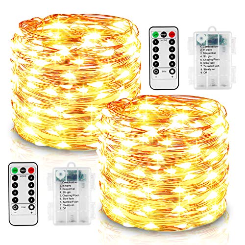 2 Piezas Guirnalda Luces Pilas, 12m 120 LED Luces de Cadena de Alambre de Cobre con Mando a Distancia Timer de 8 Modos, Impermeable Cadena de Luces para Navidad, Bodas, Fiesta, Jardín, Césped, Pared