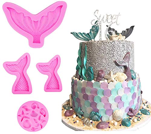 4 moldes de silicona para fondant de cola de sirena y conchas, para decoración de tartas, dulces y chocolate, para fiesta temática de sirena o fiesta de cumpleaños