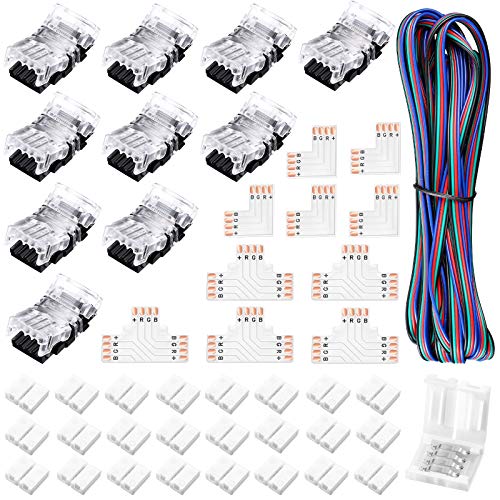 45 Conectores de Tira de LED Conector LED de 4 Pines y 10 mm Conector Luces sin Soldadura Forma L y T con Cable Extensión 4 Conductores Calibre 22 de 16,4 Feet para Tira LED Impermeable 5050 45 Conectores de Tira de LED Conector LED de 4 Pines y 10 mm Conector Luces sin Soldadura Forma L y T con Cable Extensión 4 Conductores Calibre 22 de 16,4 Feet para Tira LED Impermeable 5050