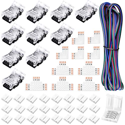 45 Conectores de Tira de LED Conector LED de 4 Pines y 10 mm Conector Luces sin Soldadura Forma L y T con Cable Extensión 4 Conductores Calibre 22 de 16,4 Feet para Tira LED Impermeable 5050