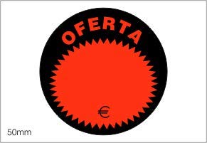 500 Etiquetas OFERTA …. €. En papel rojo e impresas en negro, de 50 mm. de diámetro. (se suministran en 1 rollo)