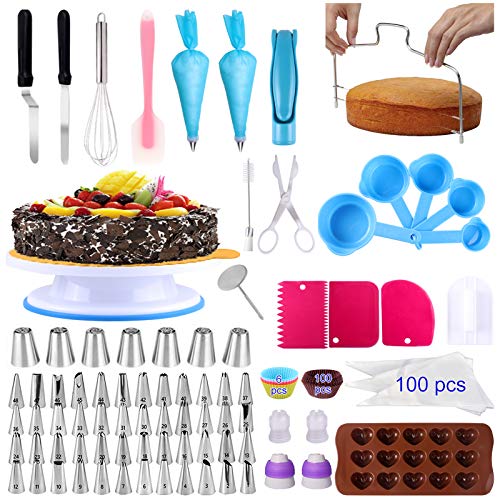 Alpacasso Kit de decoración de pasteles de 238 piezas con soporte giratorio para tocadiscos, máquina de alineación, 48 puntas de glaseado, 100 bolsas desechables para chocolate.