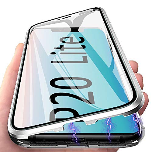 Anfire - Carcasa para Huawei P20 Lite, Huawei P20 Lite, carcasa de absorción magnética con cristal templado para Huawei P20 Lite, funda transparente con tapa de aluminio y metal, color plateado