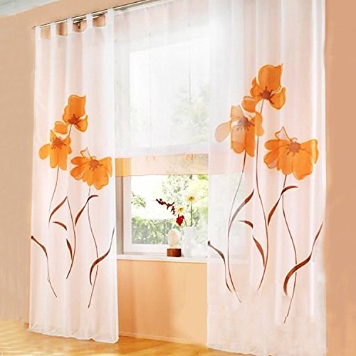 ANGEL BUD 1 Pieza Cortina larga - Cortina transparentes Flores estampadas - Cortinas de tul para dormitorio, balcón y sala de estar - Ancho 150 cm x Altura 225 cm - Naranja