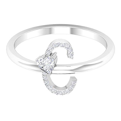 Anillo de diamante en forma de corazón de 3,5 mm, anillo de letra C, anillo grabado personalizado, anillo de alfabeto único, anillo de compromiso de oro, 14K Oro blanco, Size:EU 62