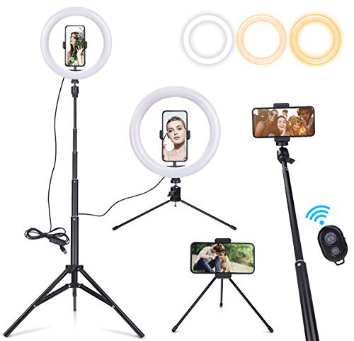 Anillo de Luz LED Regulable 10”con Soporte Trípode Fotográfica de Escritorio Palo Selfie, Luz de Anillo para Youtube TIK Tok Selfie Video Maquillaje Anillo de Luz para Transmisión en Vivo con 3 Color