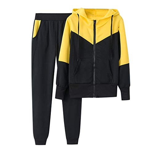 AOGOTO - Chándal para mujer, 2 piezas, con pantalón largo, capucha y cremallera completa, con bloques de color A-amarillo M