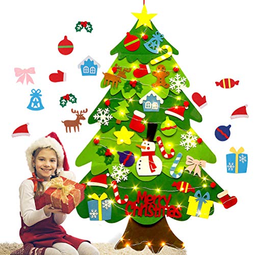 Árbol de Navidad de fieltro, árbol de Navidad suave con cadena de 2 m de luz y adornos, regalos de Navidad para niños Año Nuevo hecho a mano puerta de Navidad decoración colgante de pared, 98 x 70 cm