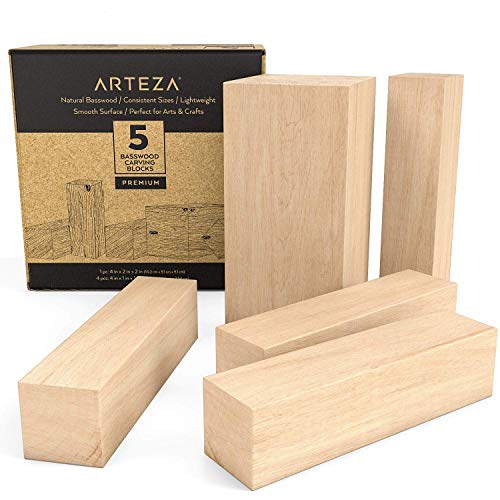 Arteza Juego de 5 piezas de madera para tallar | 4 piezas de 10,2 x 2,54 x 2,54 cm + 1 pieza de 10,2 cm x 5.1 x 5.1 cm | Tacos de madera de tilo para artesanía y manualidades