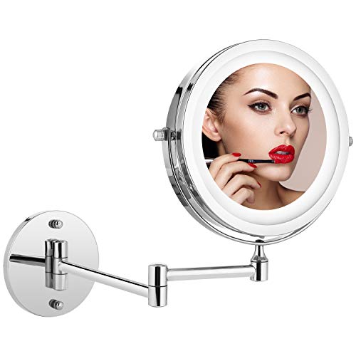 Athomestore - Espejo cosmético con iluminación LED, espejo de maquillaje iluminado para montaje en pared, espejo de aumento 1x/5xasignatura - 360° horizontal y vertical, metal cromado