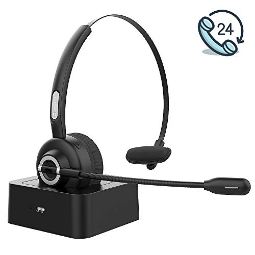 Auricular Bluetooth, 24 horas de tiempo de reproducción, Bluetooth 5.0 auriculares inalámbricos para oficina con micrófono con cancelación de ruido y base de carga, manos libres, centro de llamadas