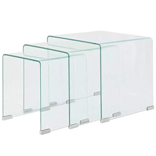 Ausla Juego de 3 mesas auxiliares de café de cristal templado transparente, mesitas de noche decorativas, mesa baja moderna, mesas de café, 3 tamaños diferentes