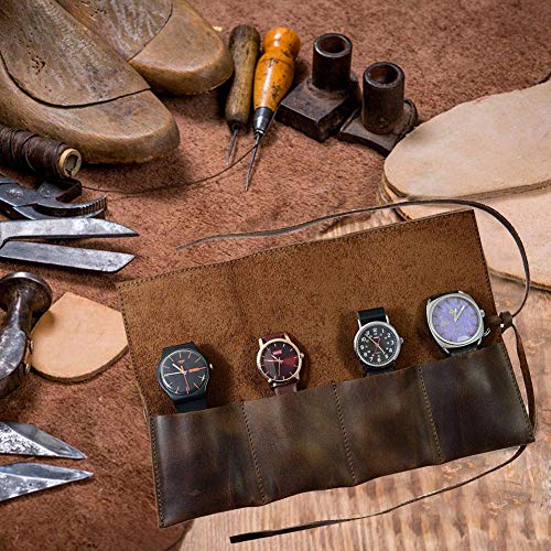 awhao-123 Organizador de rollo de reloj de viaje de cuero rústico, bolsa de rollo de joyería de cuero hecha a mano con capacidad para hasta 4 relojes, marrón attractively