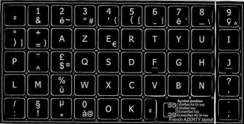 Azerty - Pegatinas autoadhesivas para teclado (fondo negro, 14 x 14 mm)