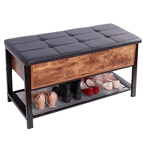 BAKAJI Baúl con Asiento Acolchado de Piel sintética, Estante Zapatero reposapiés, Banco de diseño Moderno Industrial con Estructura de Madera y Metal, 100 x 40 x 47 cm, único BAKAJI Baúl con Asiento Acolchado de Piel sintética, Estante Zapatero reposapiés, Banco de diseño Moderno Industrial con Estructura de Madera y Metal, 100 x 40 x 47 cm, único