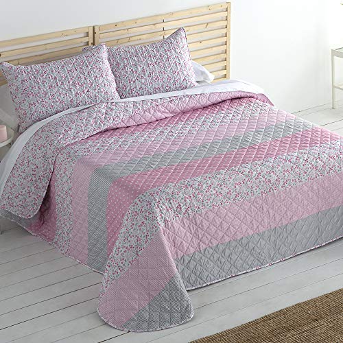 Barceló Hogar - Colcha Boutí Estampada Reversible Eva, Color Único, Cama 105 cm, Medida 200x270 cm, Incluye 1 Funda de Cojín, Esquinas Redondas, Verano Primavera