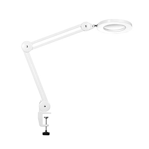Beyamz Lámpara de Aumento LED Ampliación 5X con Brazo Oscilante de Metal, Atenuación Continua, 3 Modos de Color, Lente de Vidrio de 105 mm de DiáMetro, Abrazadera Ajustable