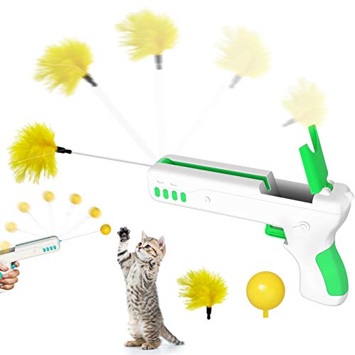 BiuCat Pistola de juguete para gatos y perros, pelota y pluma, pistola para gatos, varilla de resorte, juguete para gatos (verde)