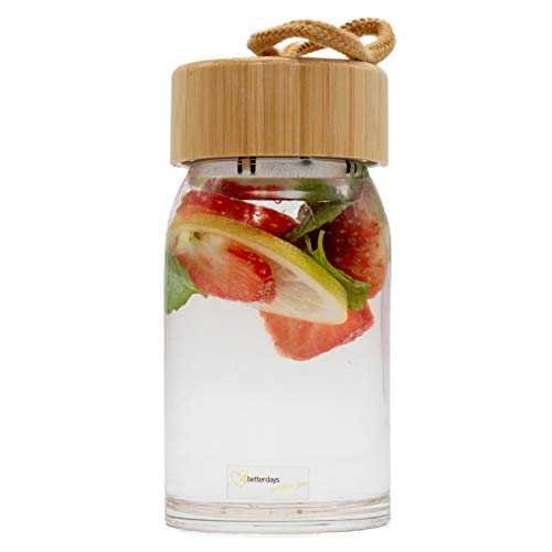 Botella de cristal elegante y funcional de 400 ml para transportar té, zumos de frutas, batidos, agua, ect. Incluye tapadera de rosca con cordón para colgar y colador metálico. 400ml