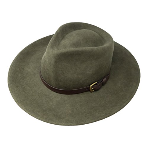 B&S Premium Lewis - Sombrero de ala Ancha Fedora - 100% Fieltro de Lana - Resistente al Agua - Banda de Piel - Verde Oscuro 58cm