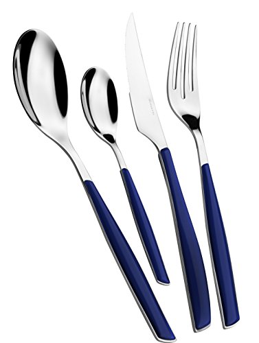 BUGATTI, Glamour, Juego de cubiertos de 24 piezas en acero inoxidable 18/10 y mango BLUE NIGHT. Juego de cubiertos para 6 personas compuesto por 6 cucharas, 6 tenedores, 6 cuchillos y 6 cucharas de café BUGATTI, Glamour, Juego de cubiertos de 24 piezas en acero inoxidable 18/10 y mango BLUE NIGHT. Juego de cubiertos para 6 personas compuesto por 6 cucharas, 6 tenedores, 6 cuchillos y 6 cucharas de café
