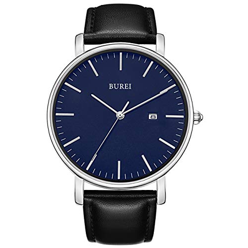 BUREI Reloj para Hombre Moderno, Minimalista y Ultrafino Reloj para Caballero con Fecha clásica con diseño Simple clásico de Cara Grande y Correa de Cuero Negro Suave