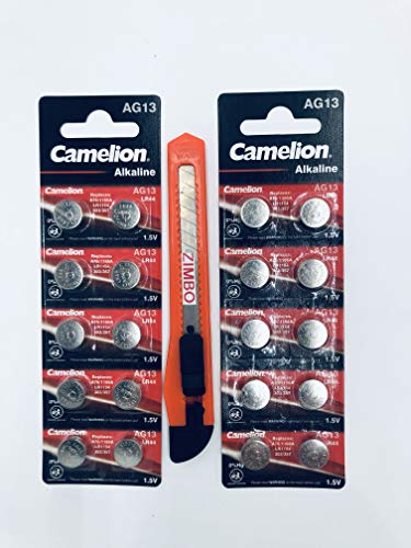 Camelion LR 44 AG13 - Pila de botón alcalina (20 unidades, 1,5 V, incluye 1 cúter de Zimbo)