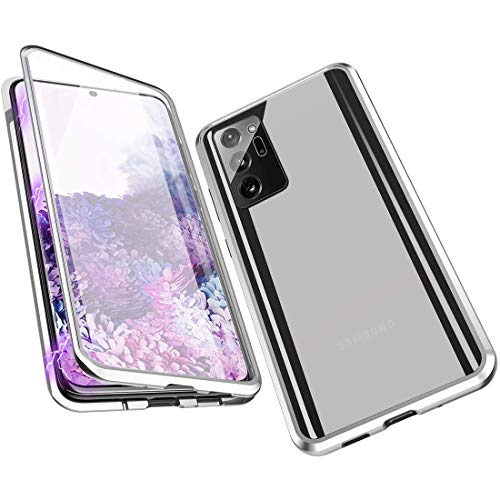 Carcasa para Samsung Galaxy Note 20 Ultra 5G con carcasa de absorción magnética, marco de metal de 360° con cristal templado transparente de doble cara, diseño de una sola pieza, color plateado