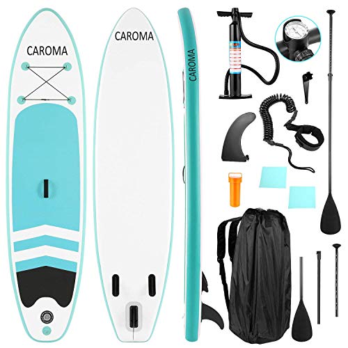 Caroma - Kit de surf de pala inflable de alta calidad de SUP, 15,24 cm de grosor, 27 cm de largo, pala ajustable, mochila de transporte, bomba manual, correa de seguridad para el tobillo, azul claro, 305cm