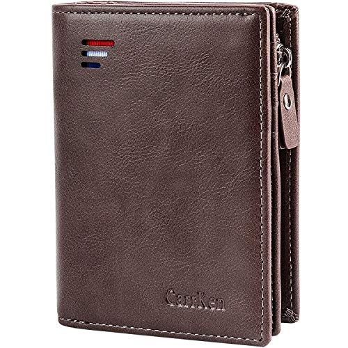 Cartera de Hombre, RFID Cartera de Cuero de PU para Hombre, Cartera Plegable con Tarjetero de crédito con Bolsillo para Monedas con Cremallera para Hombre, Marrón Oscuro