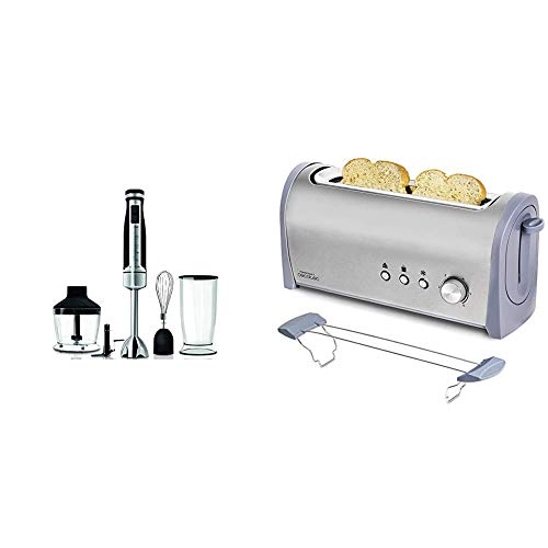 Cecotec PowerGear 1500 Pro - Batidora de Mano Acero Inoxidable/Silicona Softtouch + Tostadora Acero Steel&Toast 1L. 6 Niveles de Potencia, Capacidad para 2 Tostadas, 3 Funciones