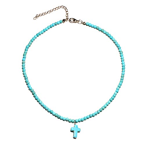 Collar con colgante de cruz cristiana de moda collar de gargantilla de turquesa para mujeres niñas