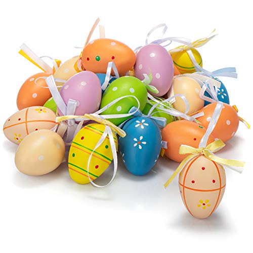 com-four® 24x Huevos de Pascua Pintados a Mano para Colgar - Decoración de Pascua con Excelentes diseños - Huevos de Pascua en Diferentes tamaños - 6 cm (Set01 - Naranja/Azul/Amarillo/Morado/Verde)