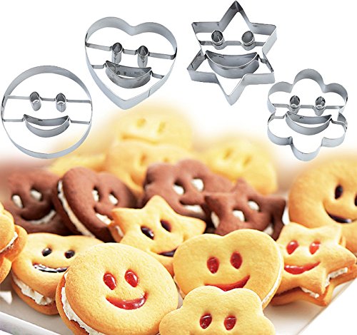 Conjunto de 4 moldes para galletas o pasteles, acero inoxidable, diseño en forma de caritas sonrientes, también sirven para cortar frutas o verduras o decorar tartas