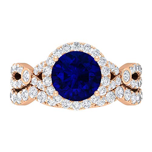 Conjunto de anillos de novia creados en el laboratorio de zafiro azul, piedras preciosas redondas de 3,66 quilates, solitario D-VSSI Moissanite 8 mm, 14K Oro rosa, Size:EU 64