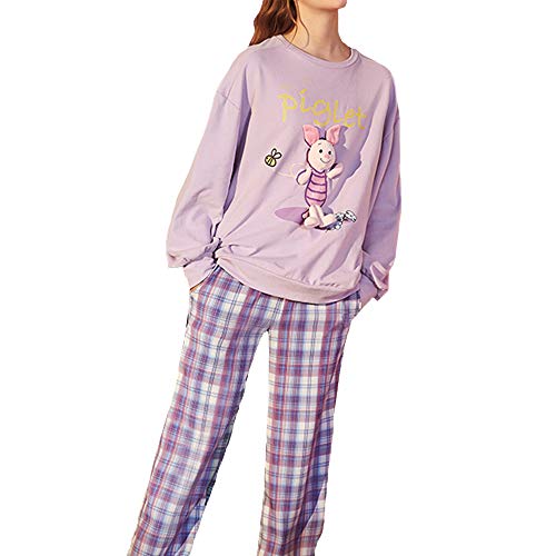 Conjunto Pijama para Mujer Conjunto De Pijama, Cuello Redondo, Camiseta Y Pantalones Manga Larga, Ropa Dormir De Algodón Suave Dos Piezas, Ropa Dormir Informal, Ropa De Dormir,Light Purple,L