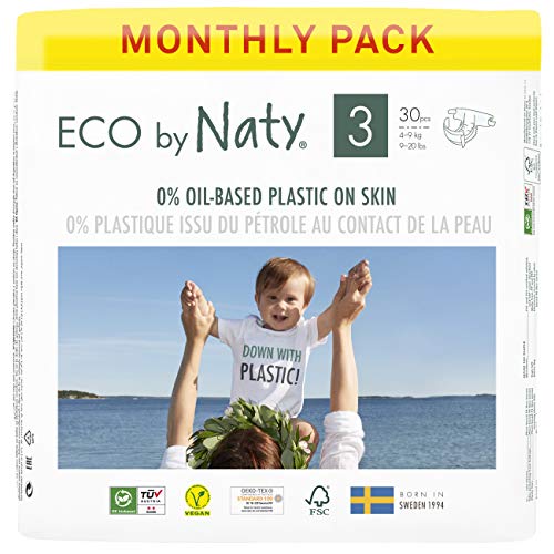 Eco by Naty Pañales, Talla/Tamaño 3, 180 unidades, 4-9 kg, suministro para UN MES, Pañal ecológico Premium hecho a base de fibras vegetales. 0% plásticos derivados del petróleo en contacto con la piel