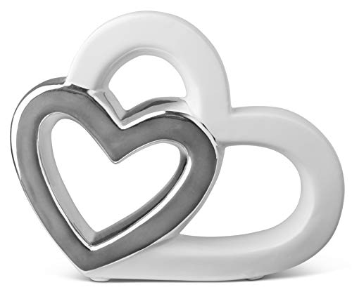 Elegante corazón para Decorar - Figura Decorativa de cerámica en Forma de corazón 16cm - Moderno corazón Deco Blanco y Plateado - corazón de cerámica como Deco - Corazones Muy adecuados como Regalo