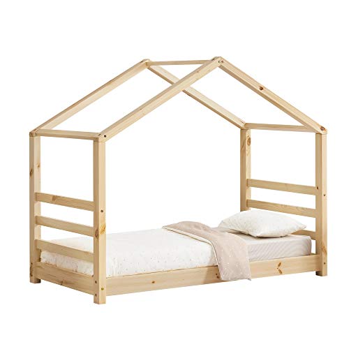 [en.casa] Cama para niños de Pino 80 x 160 cm Cama Infantil Forma de casa en Color Pino Natural