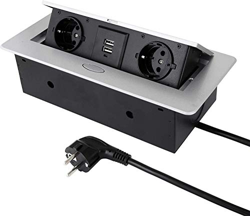Enchufe empotrable retráctil de 2 enchufes + USB, aluminio inyectado, con apertura suave, listo para conectar con cable de alimentación de 3 m (plateado). Enchufe empotrable retráctil de 2 enchufes + USB, aluminio inyectado, con apertura suave, listo para conectar con cable de alimentación de 3 m (plateado).