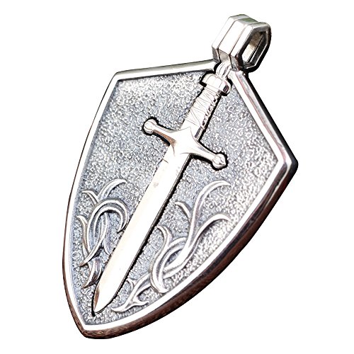 FORFOX Colgante Espada y Escudo Medieval de Plata de Ley 925 Vendimia para Hombre Mujer