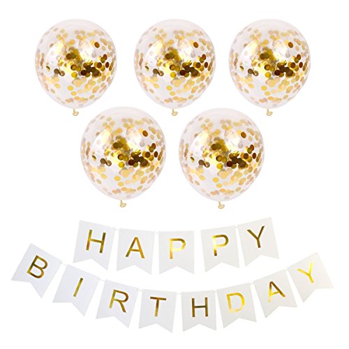 Geila Feliz cumpleaños Banner & 5 Piezas Globos de Oro del Confeti de 12 Pulgadas Globos de Fiesta (Confeti ha Sido Puesto en los Globos) para Decoraciones de la Fiesta de cumpleaños (Oro)