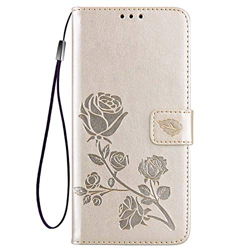 GOGME Funda para Samsung Galaxy S21 Plus(6.7") / S21+ 5G Funda, Suave PU/TPU Cuero Flip Carcasa Case Cover, Cubierta Magnética en Relieve de la Rosa, Billetera con Soporte/Tapa Tarjetas. Oro